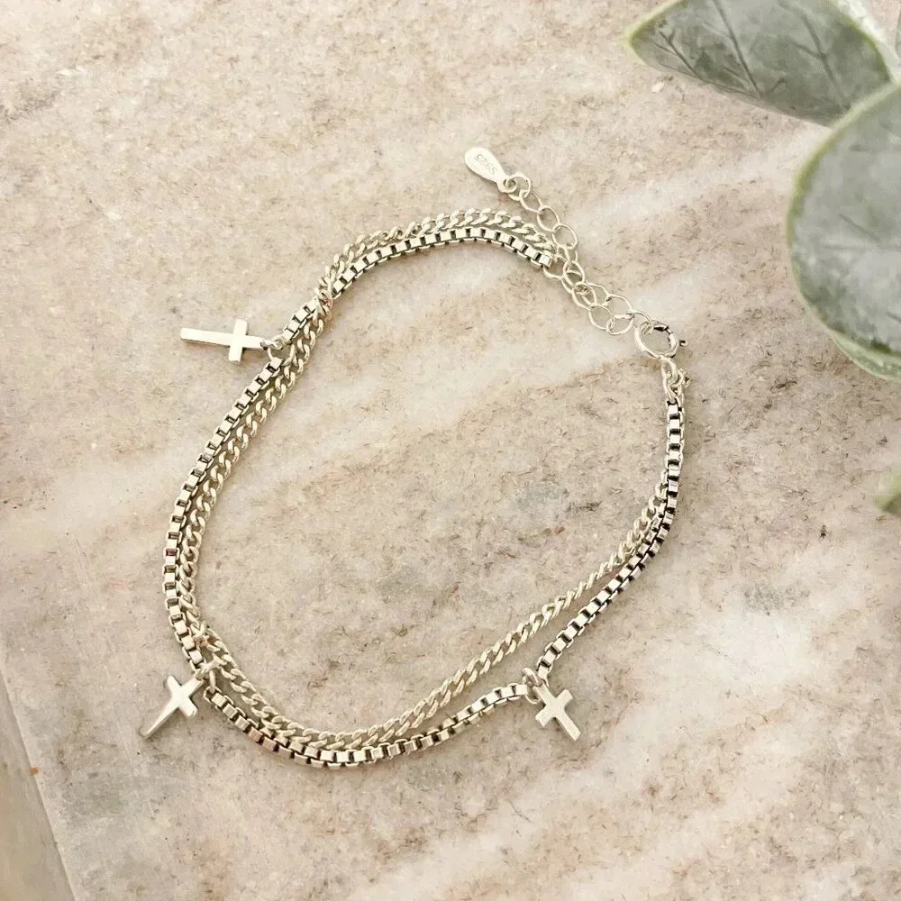 925 Sterling Silver Dainty Box Chain Bracelet Thin Dangle Cross Charm Bracelet
